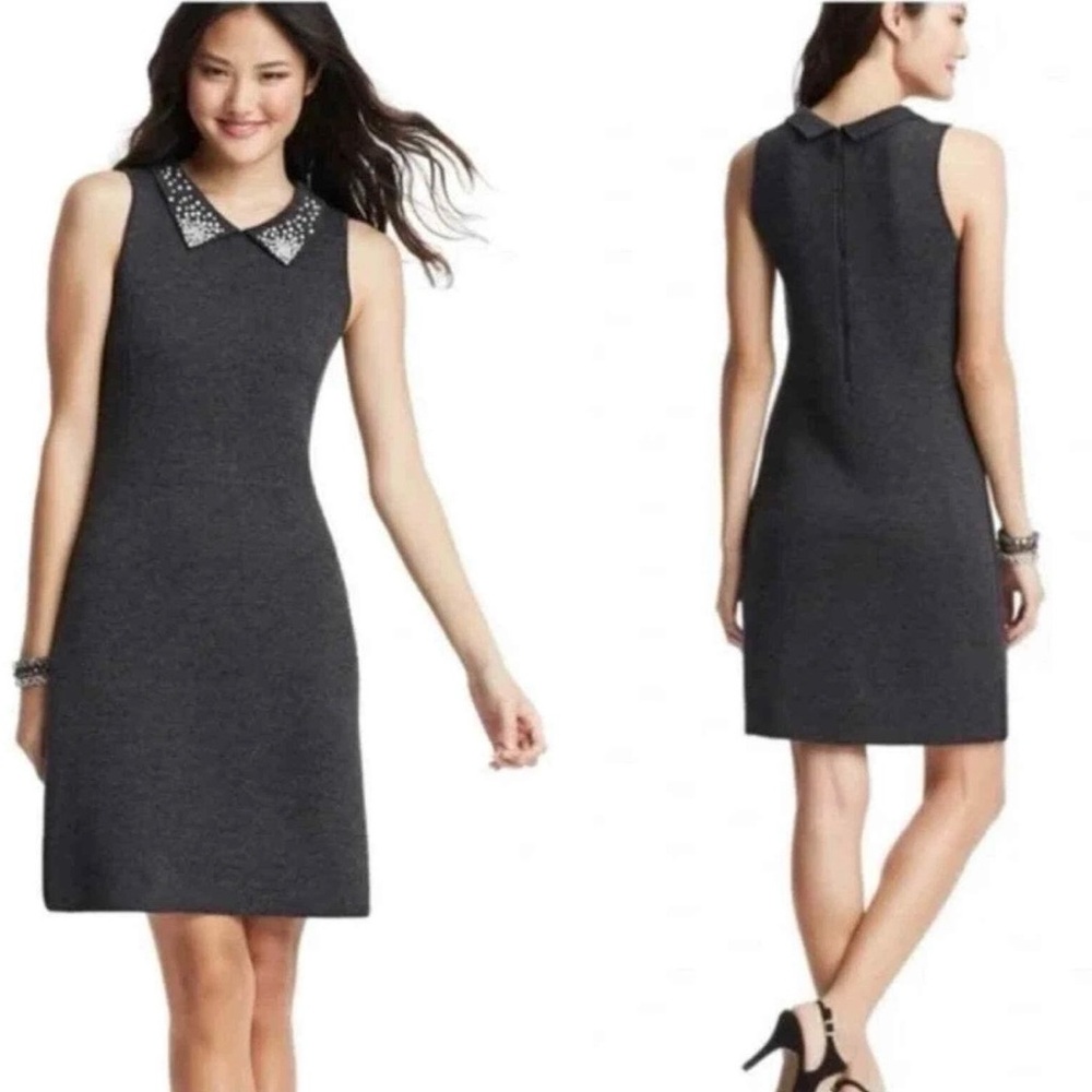 Ann Taylor Loft PXS cosmo gray wool-blend sweater dress w faux pearl collar.